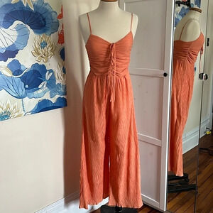 Lumiere Crepe Wide Leg Jumpsuit with Adjustable Straps - Coral/Peach - Size S